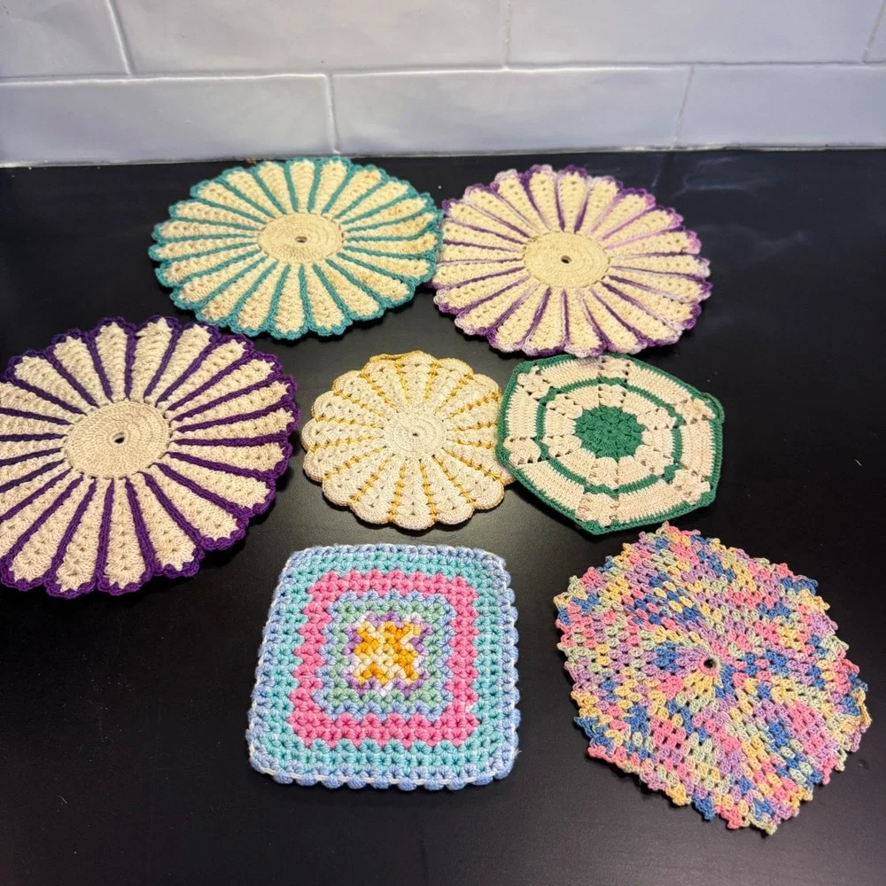 Handmade Crochet Pot Holders Trivets Set of 7 Multicolor Vintage Cottagecore